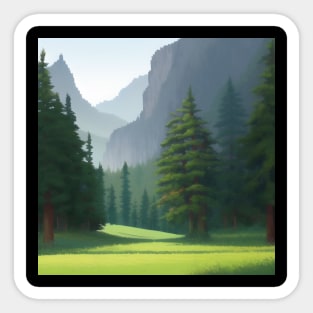 A painting of a forest with mountains in the background Sticker